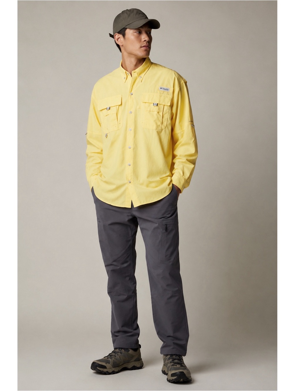 Columbia Men Yellow PFG Omni-Shade UPF 50 Nylon Utility Button Down Shirt LARGE